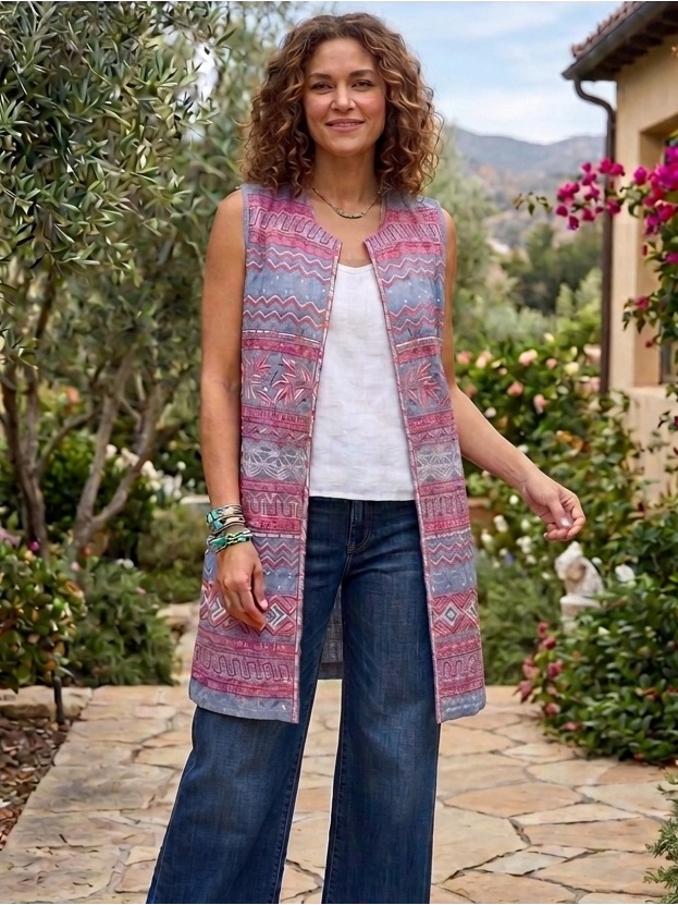 Johnny Was Jwla Dahlla Embroidered Linen Open Vest, Duster